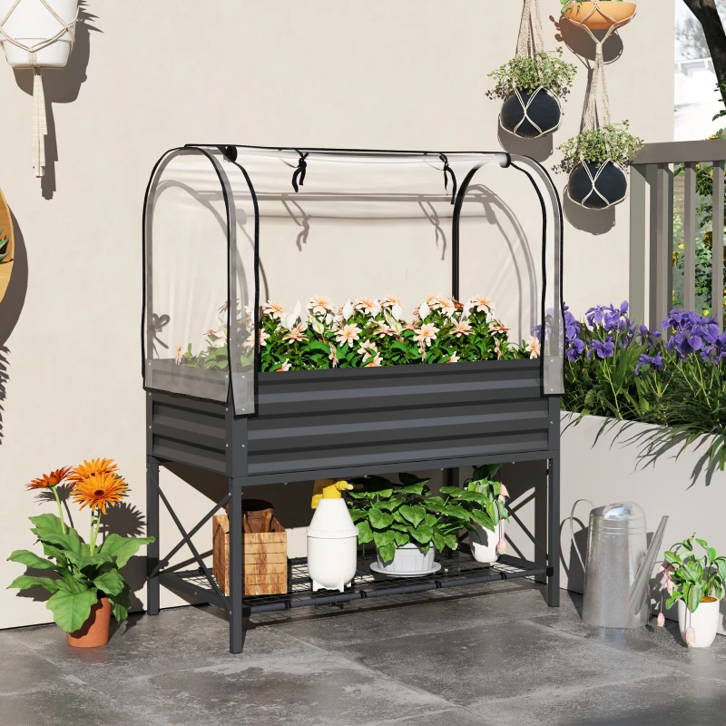 Outsunny Raised Garden Bed with Legs and Cover, Metal Elevated Planter Box with Bottom Shelf and Liner for Vegetables, Dark Gray