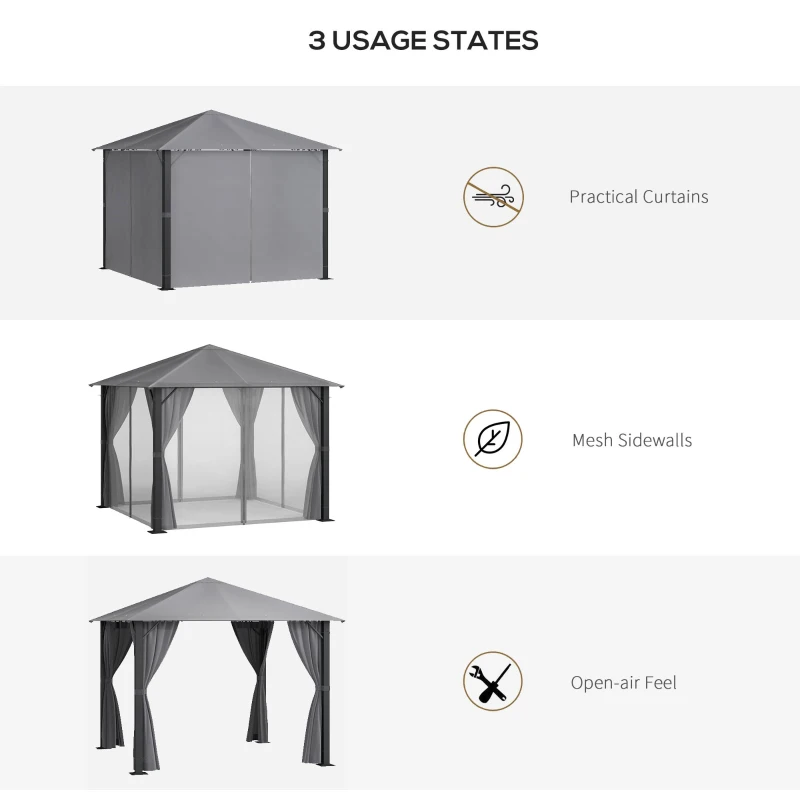 Outsunny 10' x 10' Patio Gazebo, Outdoor Gazebo Canopy Shelter with Netting & Curtains, Vented Roof, for Garden, Lawn, Backyard and Deck, Black