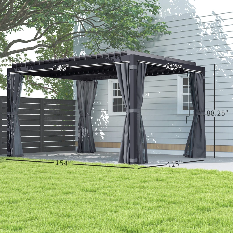 Outsunny 10' x 13' Outdoor Retractable Pergola w/ Sun Shade Louvered Top, Pergola w/ Canopy, Curtains, Netting, Dark Gray