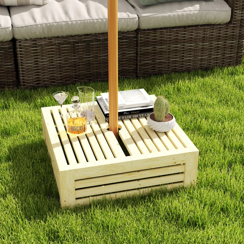 Outsunny 2-in-1 Outdoor Storage Box for Umbrella Base, Coffee End Table, Wooden Patio Umbrella Stand Table, Natural Wood