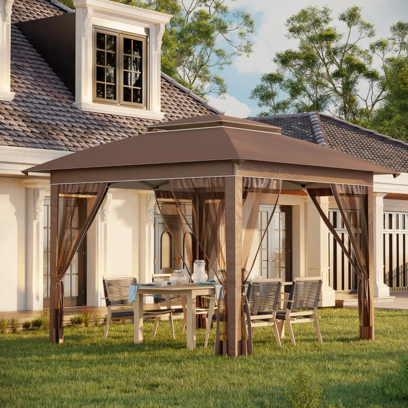 Outsunny 12' x 12' Pop Up Canopy Tent with Netting and Carry Bag, Instant Sun Shelter with 137 sq.ft Shade, Tents, Khaki