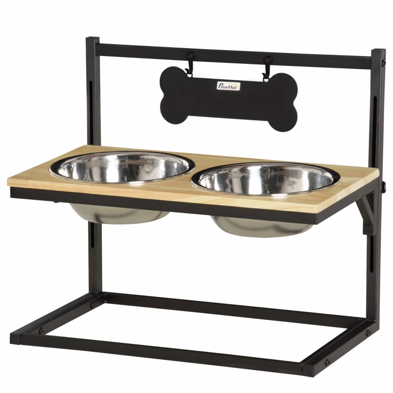 PawHut Elevated Dog Bowls Feeder with Stainless Steel Set, Twin Raised Adjustable Pet Food Platform for Medium, Large Dogs, Natural