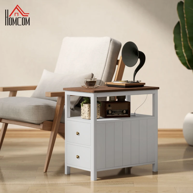HOMCOM Side Table with Charging Station and USB Ports, Narrow End Table with Drawers, Shelf for Living Room, White