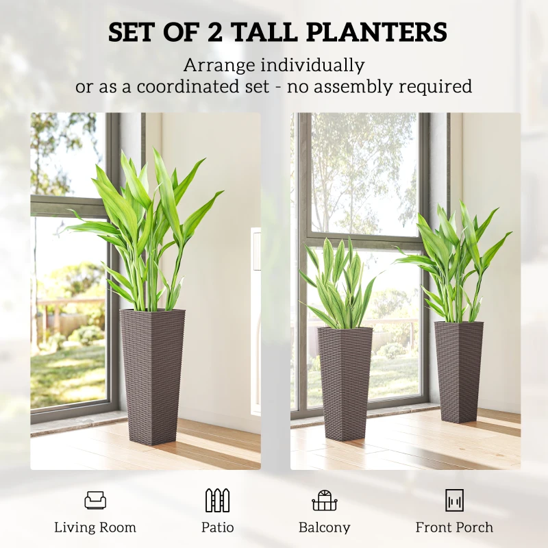 Outsunny 23.6 Inch Tall Planters for Outdoor Plants, Set of 2 Plastic Flower Pots with Drainage Holes, Brown