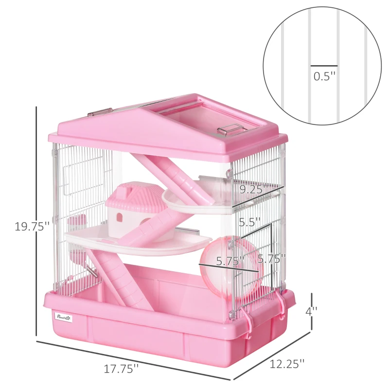 PawHut 3-Tier Hamster Cage Rodent Gerbil Habitat Rat House with Steel Wire, Exercise Wheel, Food Dish, Water Bottle, Pink