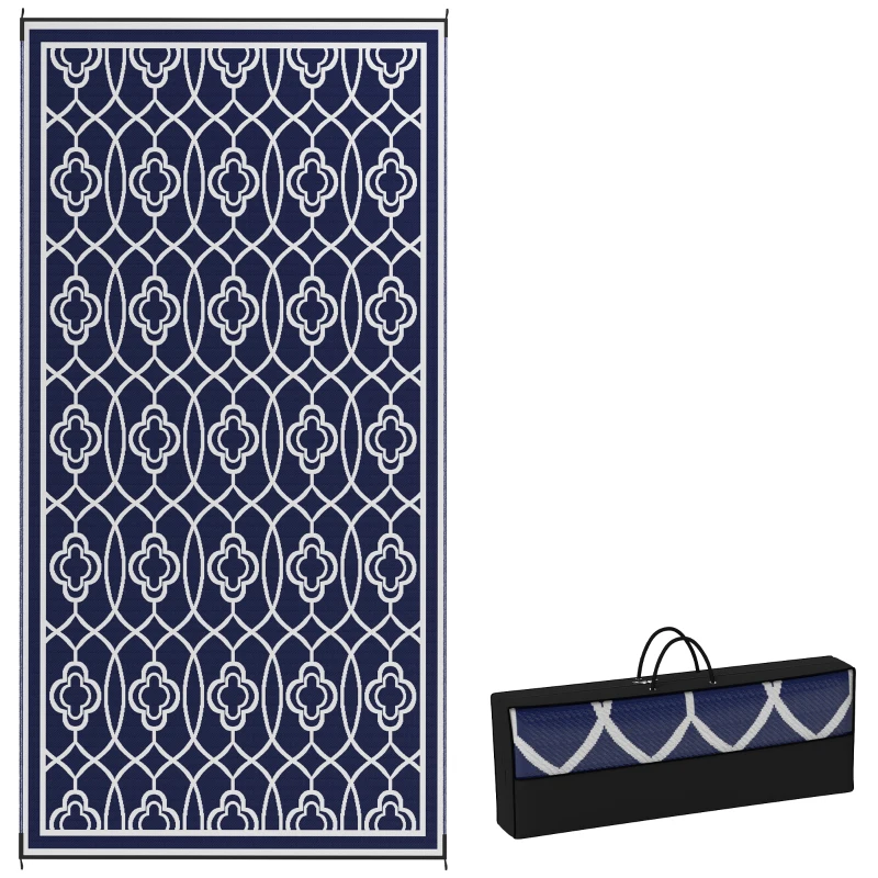 Outsunny Reversible Outdoor Rug, Waterproof Plastic Straw with Carry Bag, 9' x 18', Blue & White Lantern