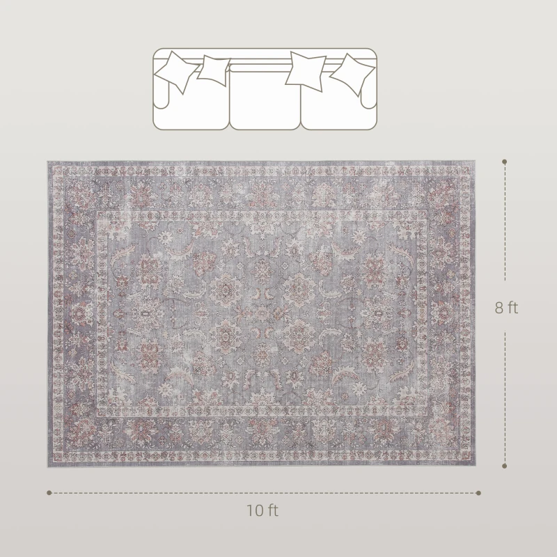 HOMCOM Machine Washable Area Rug 8x10, Non-Slip Traditional Flower Print Floor Carpet for Living Room, Bedroom, Grey and Brown
