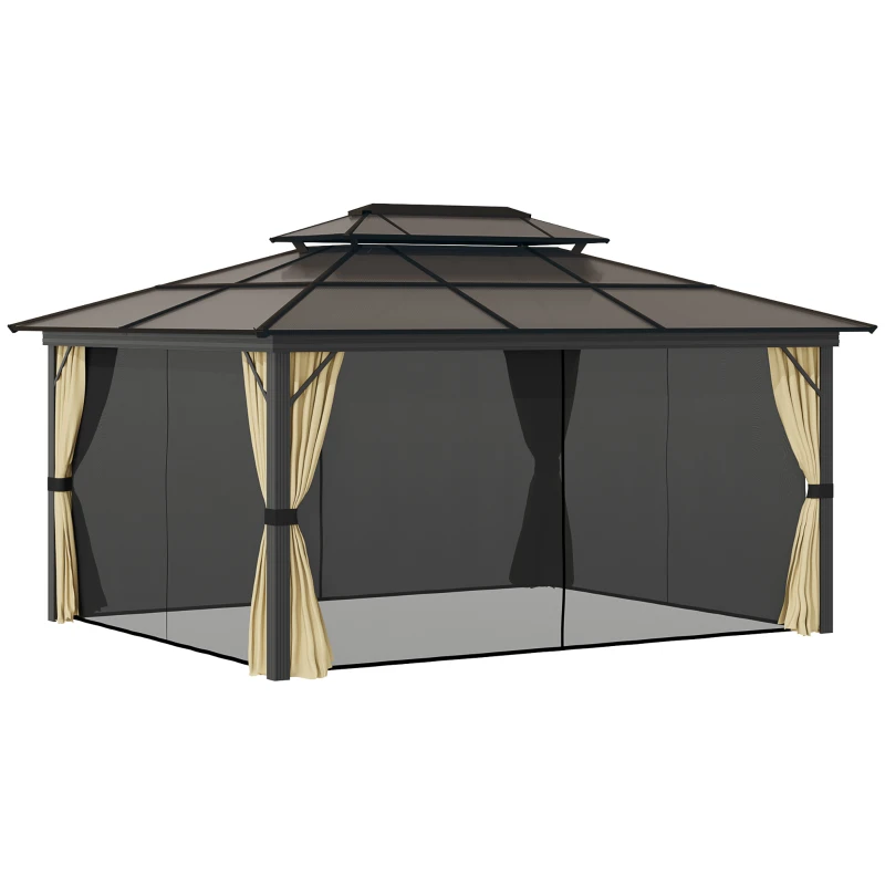 Outsunny 11' x 15' Hardtop Gazebo Canopy with Polycarbonate Roof, Aluminum Frame, Permanent Pavilion Outdoor Gazebo with Netting, for Patio, Garden, Backyard, Deck, Lawn, Beige