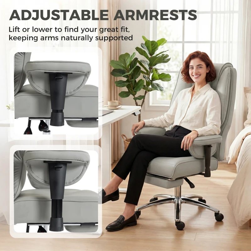 HOMCOM Ergonomic Office Chair, High Back Reclining Desk Chair with Adjustable Armrests, Pet Friendly Faux Leather, Light Gray