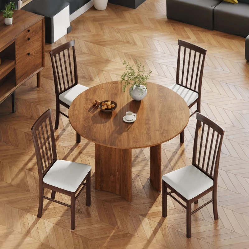 HOMCOM Wooden Dining Chairs Set of 4, Farmhouse Upholstered Kitchen Chairs with Rubber Wood Frame, Dark Brown and Beige