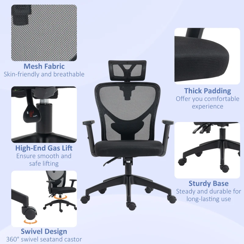 Vinsetto Ergonomic Office Chair, Mesh Desk Chair with Adjustable Headrest, Reclining Backrest, Swivel Wheels, Black