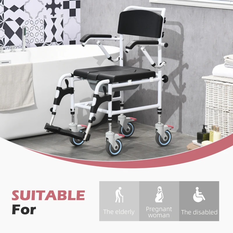 HOMCOM Accessibility Commode Wheelchair, Rolling Shower Wheelchair with 4 Castor Wheels, Rectangle Detachable Bucket, & Waterproof Design, 17" Seat Width, Black