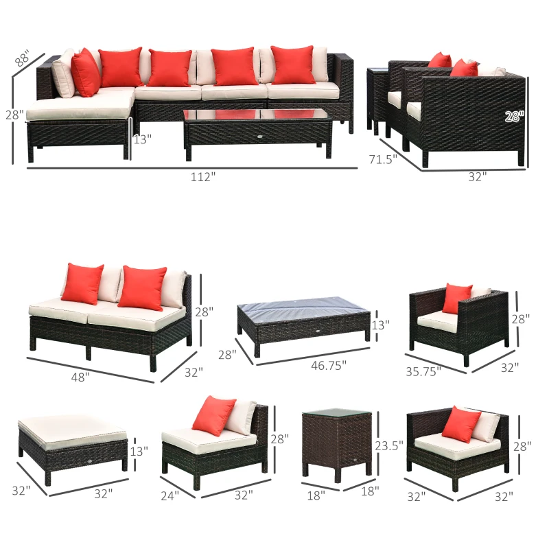 Outsunny Patio Furniture Set, 9 Piece Outdoor Sectional Sofa, All-Weather PE Rattan Wicker Conversation Set with Chairs, Ottoman, Loveseat, Coffee and Side Table, Cushions, Sand