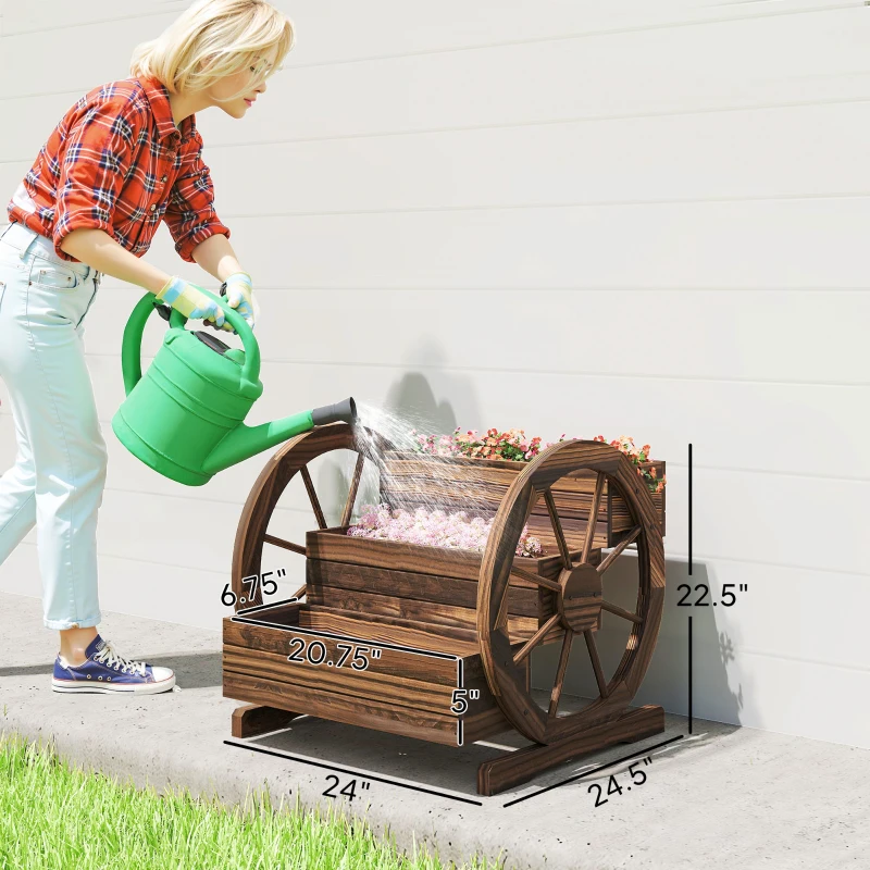 Outsunny Wooden Wagon Planter Box, 3-Tier Raised Garden Bed, for Vegetables Flowers Herbs, 25" x 24" x 23"