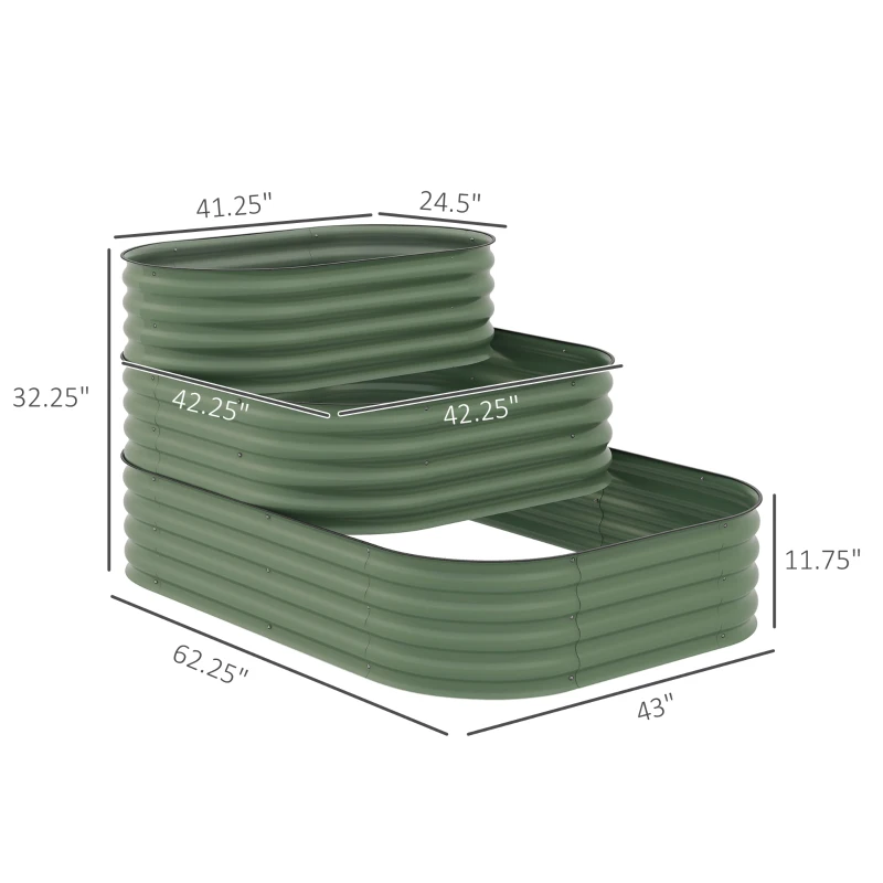 Outsunny 3-Tier Raised Garden Bed Set w/ Safety Edging, Open Bottom for Vegetables, Herbs, Flowers, 62.25" x 43" x 32.25", Green