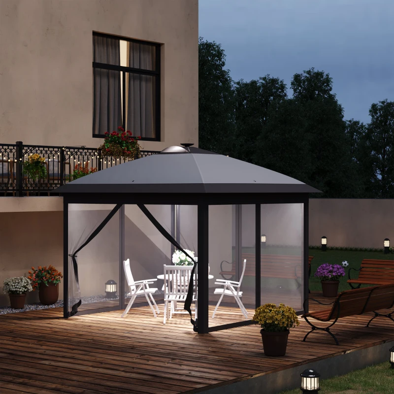 Outsunny 11' x 11' Pop Up Canopy, Instant Canopy Tent with Solar LED Lights, Remote Control, Zippered Mesh Sidewalls and Carrying Bag for Backyard Garden Patio, Gray