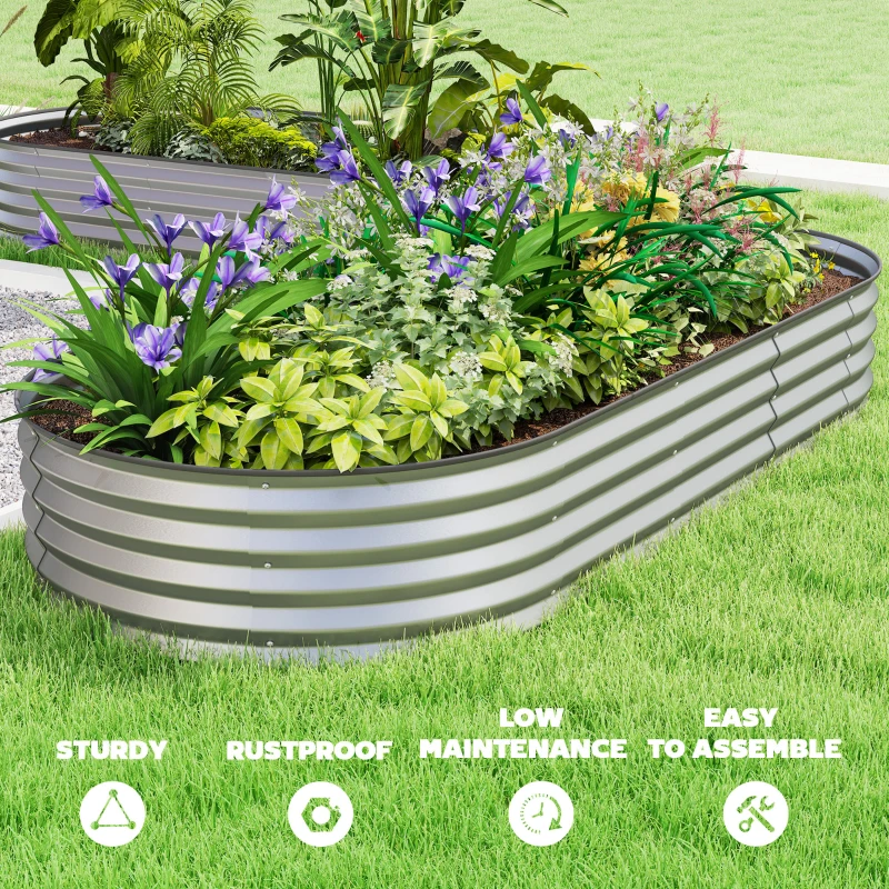 Outsunny 7' x 3' x 1' Raised Garden Bed Set, 2PCS Raised Beds for Gardening with Metal Plant Stakes, Silver