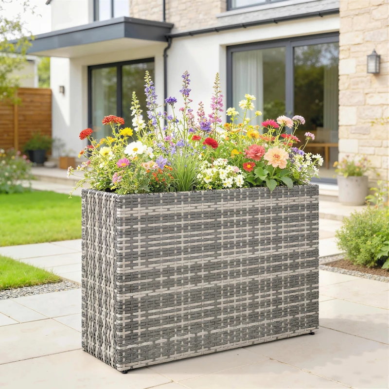 Outsunny Tall Rectangular Planter with Removable Liner, Holes, PE Wicker Large Planter Box for Indoor Outdoor Plants, Gray