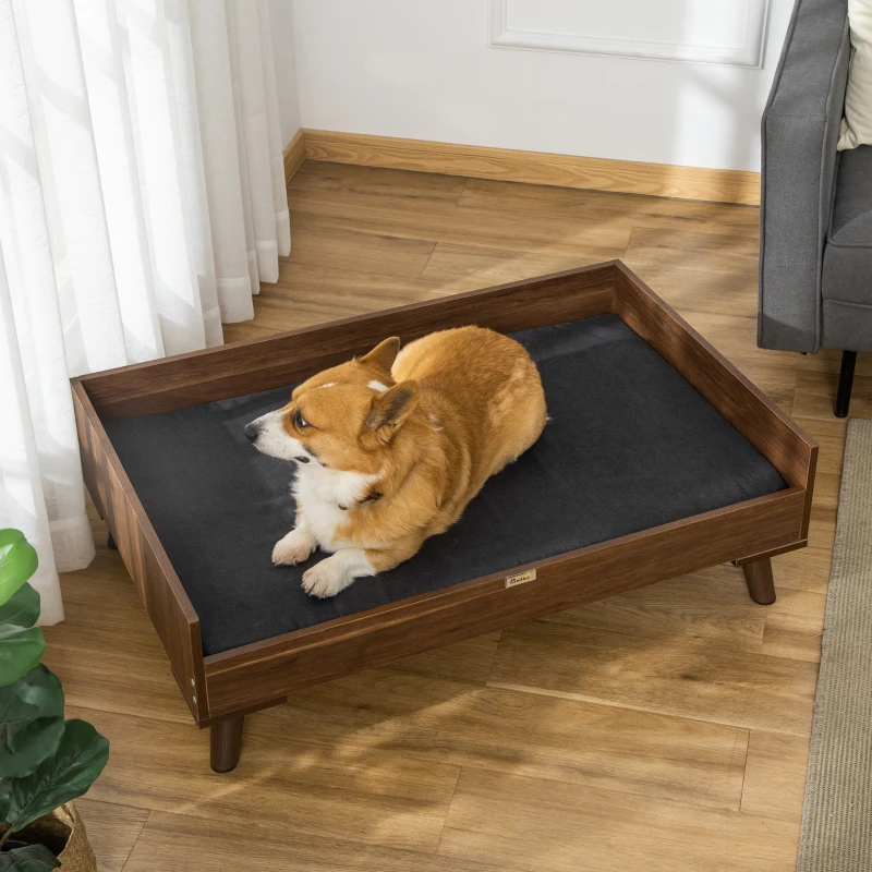 PawHut Elevated Dog Bed with Soft Sponge Cushion, Modern Wood Dog Bed, High and Upraised off of Durable Steel Legs, Coffee Bean, Jet Black