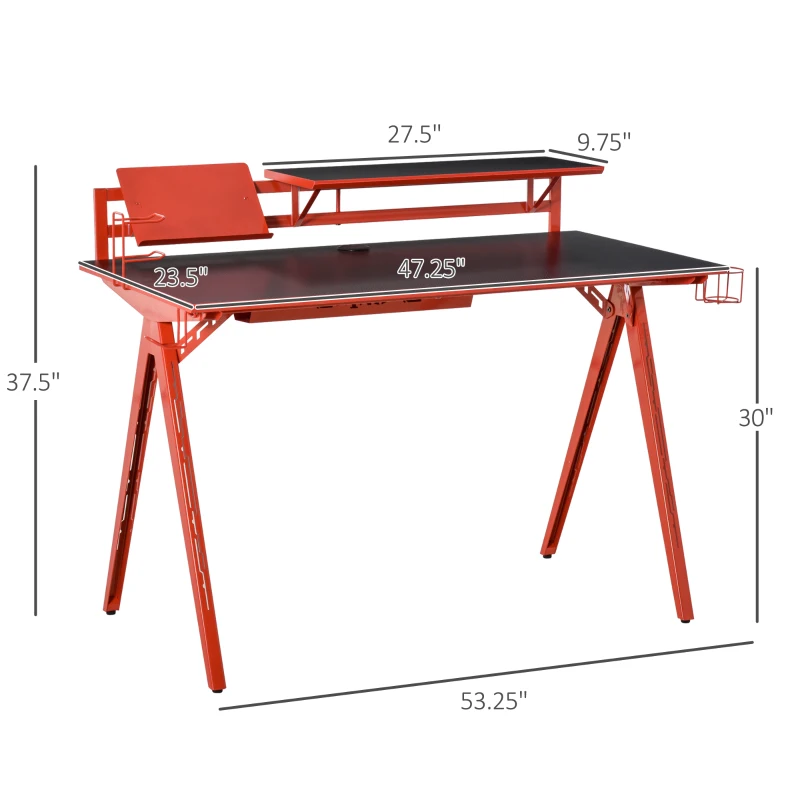 HOMCOM 53" Gaming Desk, Racing Computer Desk with Monitor Shelf, Gamepad Rack, Cup Holder, Headphone Hook, and Cable Basket, Red