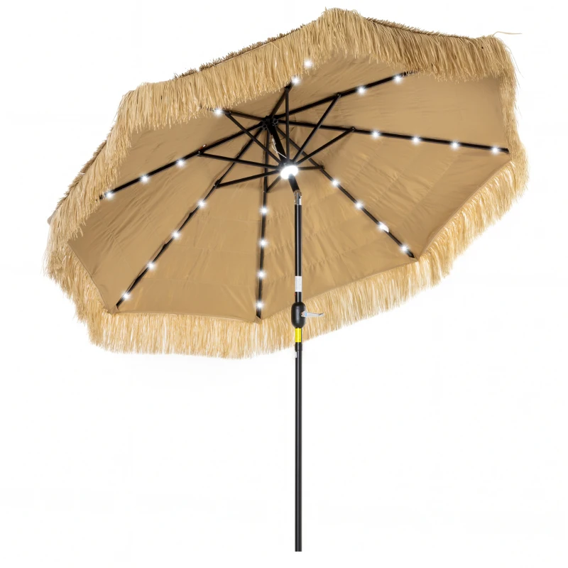 Outsunny 9 ft Hula Thatched Tiki Patio Umbrella with LED Solar Light, Outdoor Umbrella with Crank, Tilt, UPF30+, Khaki