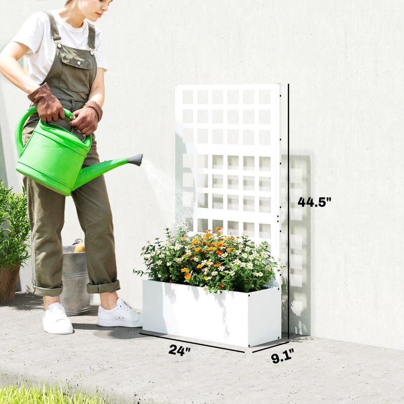 Outsunny Galvanized Raised Garden Bed Planter Box with Trellis for Climbing Plants, Vegetable, Vines, 24" x 9" x 44.5", White