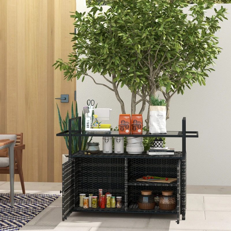 Outsunny 2-Tier Shelf PE Rattan Outdoor Bar Table, Glass Top Patio Serving Cart with Cabinet, Mixed Gray