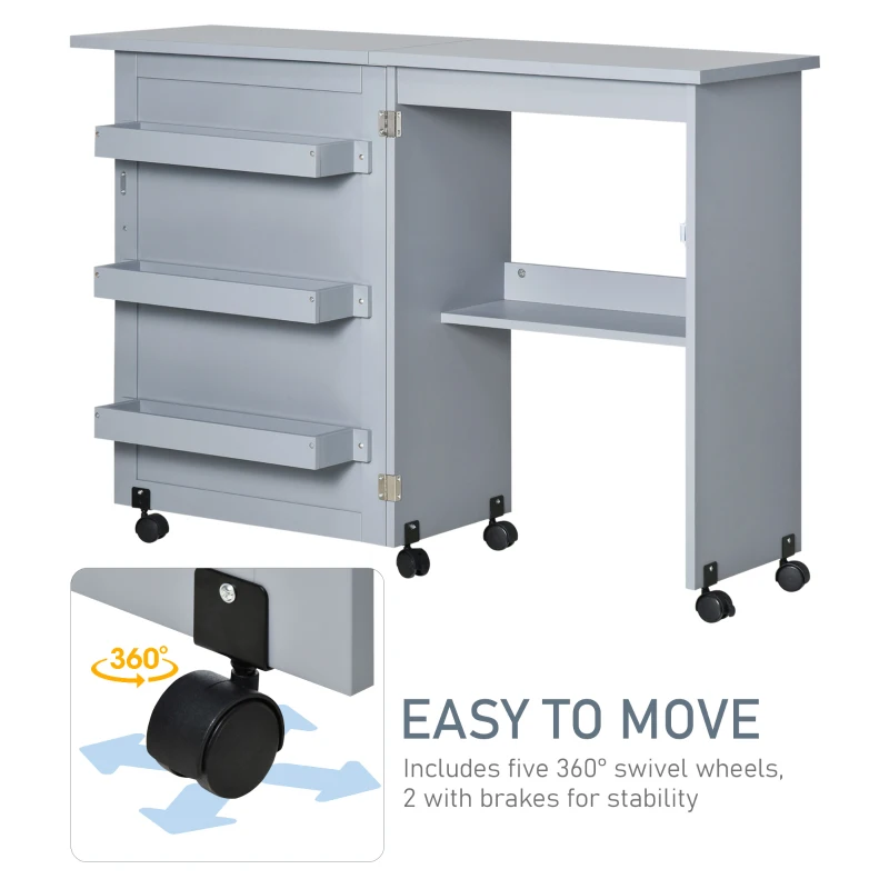 HOMCOM Folding Sewing Table, Rolling Utility Work Station Side Desk with 3-Tier Storage Bins, Shelf, and Lockable Casters, Grey