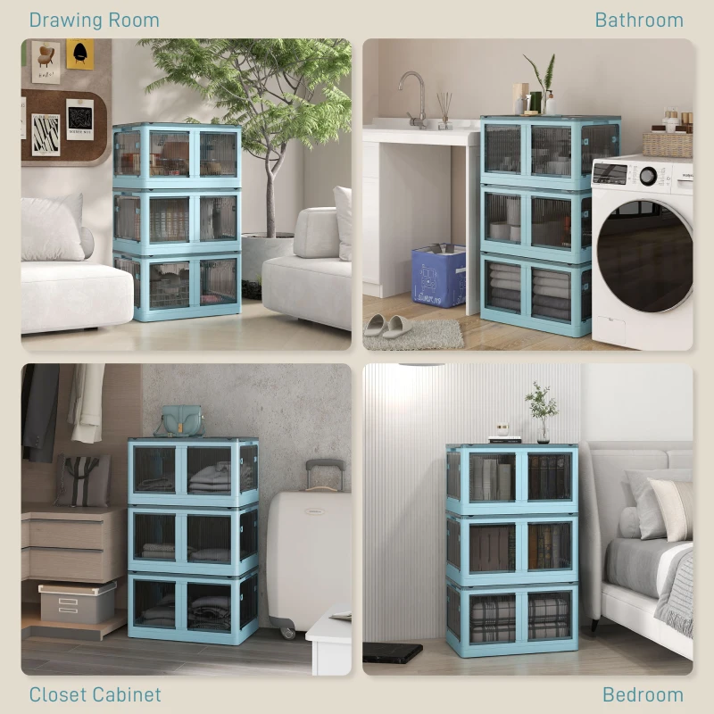 HOMCOM 3 Packs of Collapsible Stackable Storage Bins with Lids, Wheels, 32 Gal, Blue