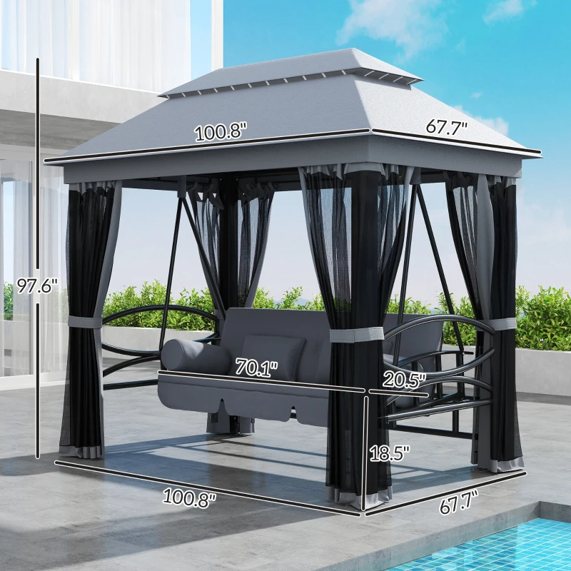 Outsunny 3-Seat Patio Swing Chair, Outdoor Gazebo Swing with Double Tier Canopy, Mesh Sidewalls, Cushioned Seat and Pillows, Gray
