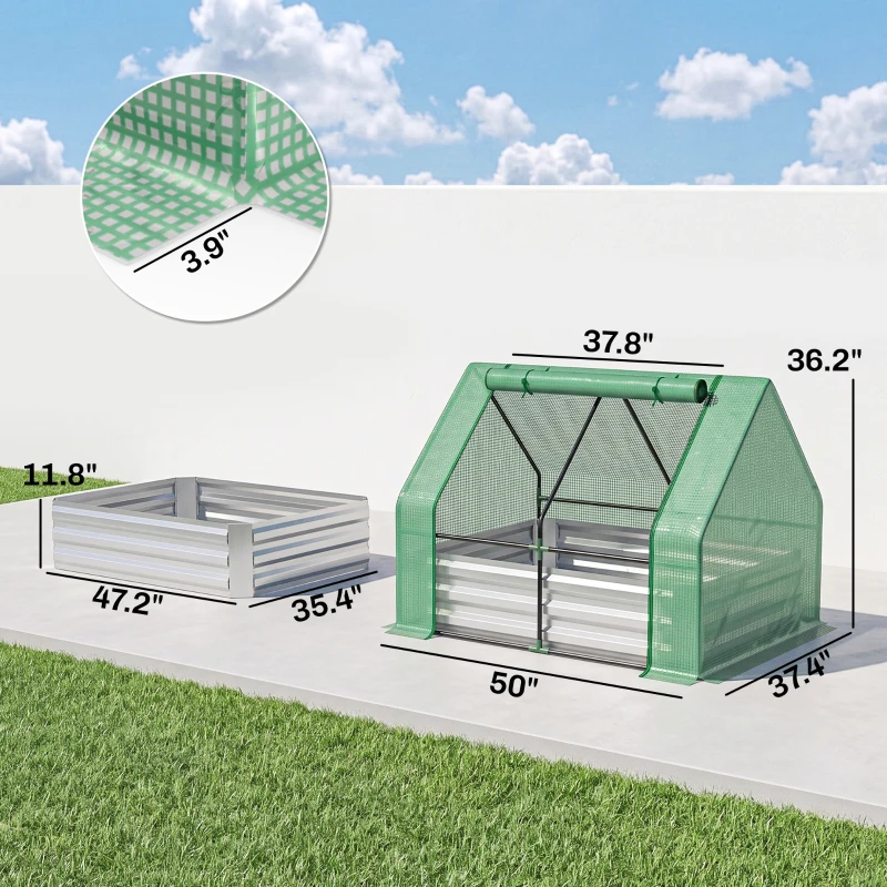 Outsunny 4 x 3ft Metal Planter Box with Mini Greenhouse, Galvanized Raised Garden Bed with Cover, Green and Gray