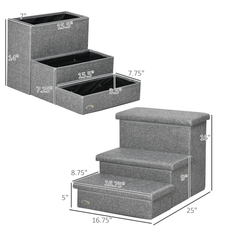PawHut 3-Step Pet Stairs with Storage, Dog Steps for Couch, Bed, Gray