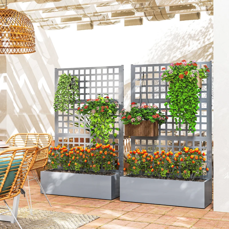 Outsunny Galvanized Raised Garden Bed Planter Box with Trellis for Climbing Plants, Vegetable, Vines, 43" x 16" x 70", Gray
