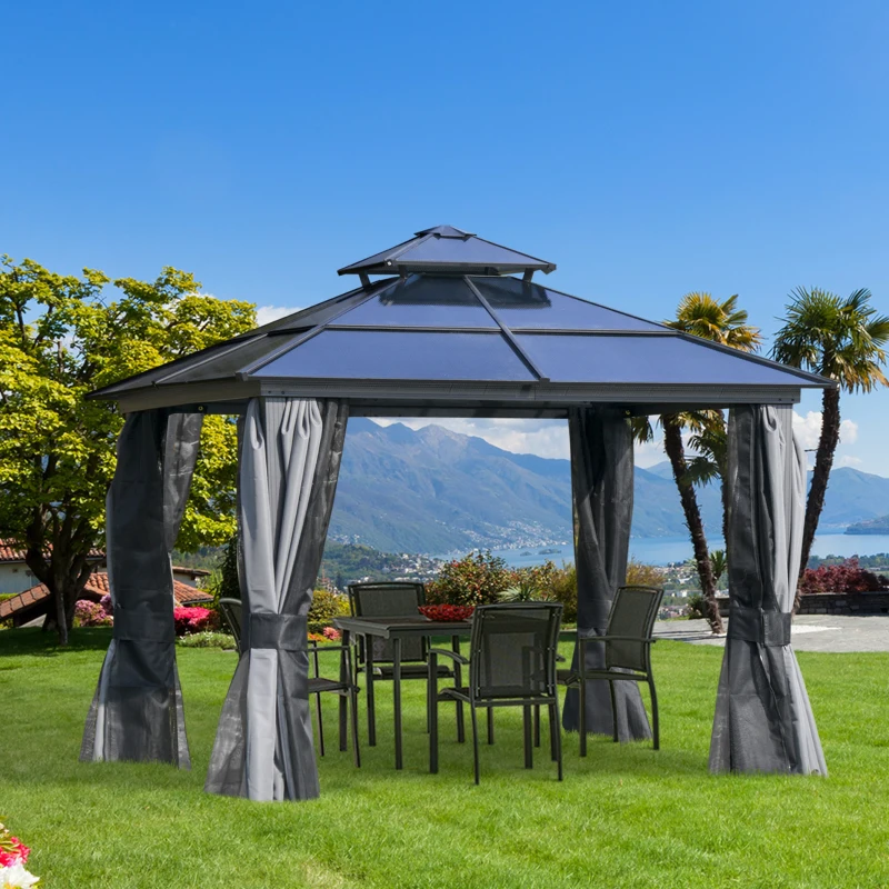 Outsunny 10' x 10' Hardtop Gazebo Canopy with Polycarbonate Roof, Aluminum Frame, Permanent Pavilion Outdoor Gazebo with Netting, for Patio, Garden, Backyard, Deck, Lawn, Gray