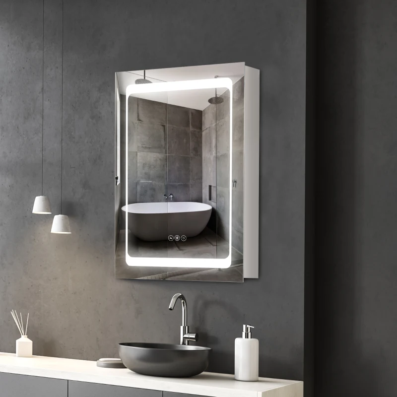 kleankin Wall-Mounted Plug-In Bathroom Organizer with 3 Storage Shelves, LED Lighted Medicine Cabinet with Mirror