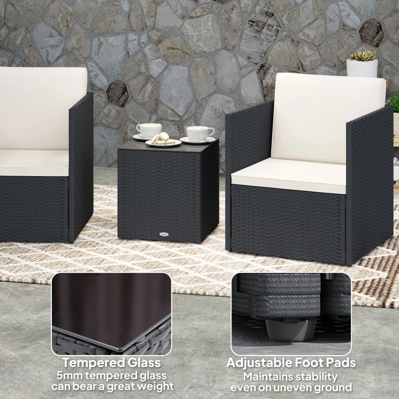 Outsunny Folding Wicker Bistro Set, 3 Piece Patio Furniture Set with Cushions and Glass Coffee Table for Porch, Balcony, Black
