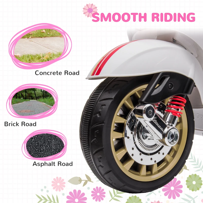Qaba Vespa Licensed Kids Motorcycle 6V Toddler Motorcycle with Music, FM Radio, Headlight, WHite