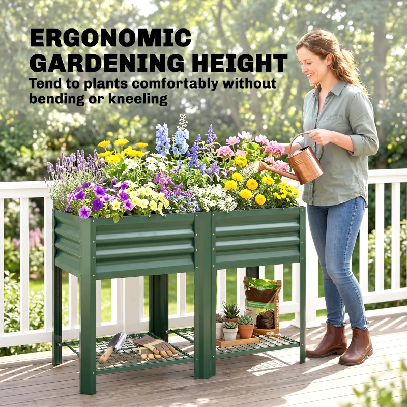 Outsunny Raised Garden Bed Galvanized Steel, Elevated Planter Box with Storage Shelf, Bed Liner, 31.5" High, Green
