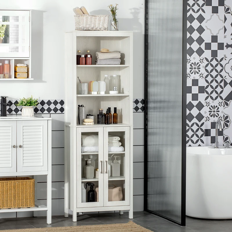 kleankin Tall Bathroom Storage Cabinet with 3 Tier Shelf, Glass Door Cabinet, Freestanding Linen Tower with Adjustable Shelves, Antique White