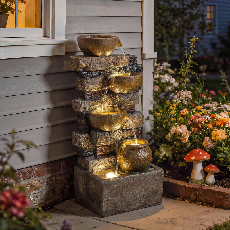 Outsunny 28" Outdoor Fountain with 5-Tier Rustic Jugs, Cascading Waterfall with LED Lights, Adjustable Flow, Rustic Brown