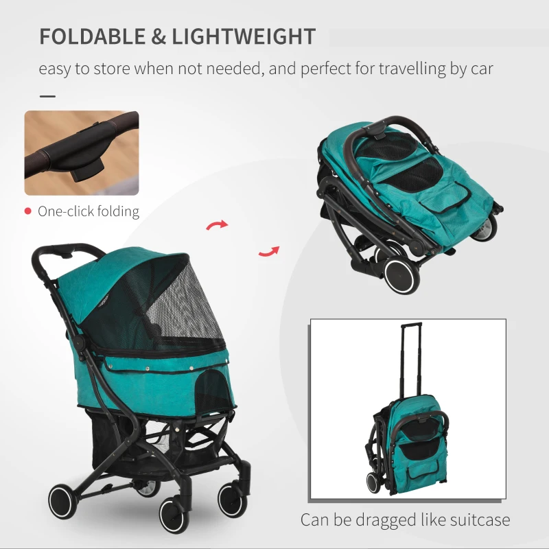 PawHut Travel Pet Stroller for Dogs, Cats, One-Click Fold Jogger Pushchair with Aluminum Frame, EVA Wheels, Brakes, Basket Storage, Safety Belts, Adjustable Canopy, Zippered Mesh Window Door, Blue