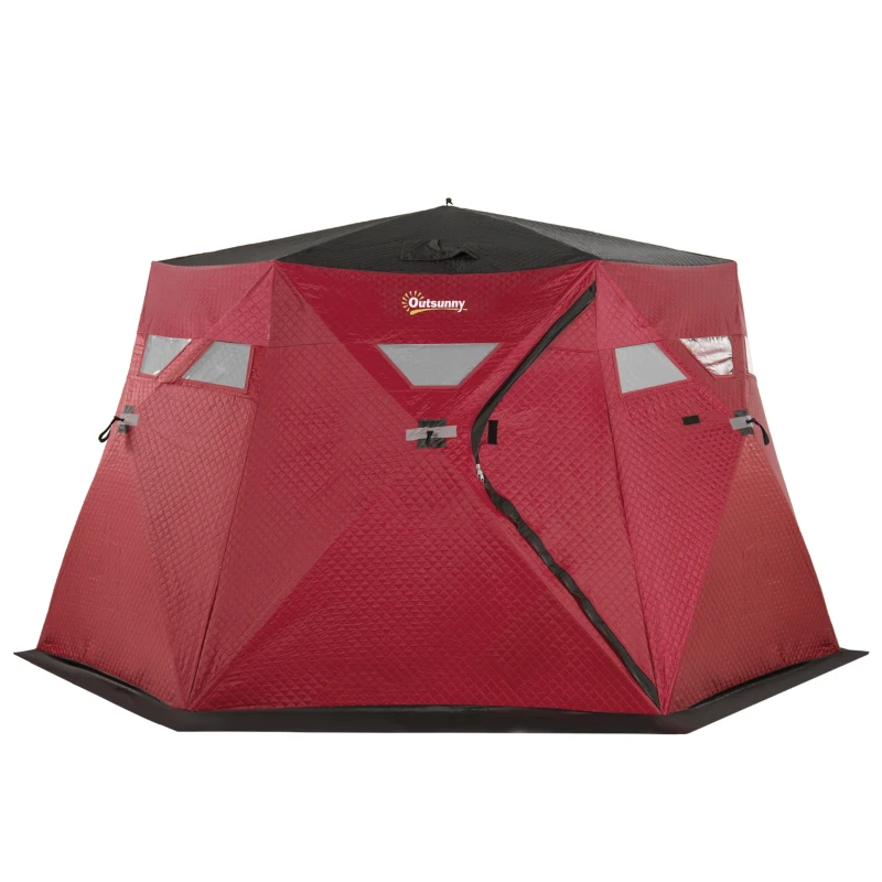 Outsunny 4 Person Insulated Pop-Up Ice Fishing Shelter, 360-Degree View, Portable Ice Fishing Tent Shanty with Carry Bag, Two Doors and Anchors for Low-Temp -22℉, Red