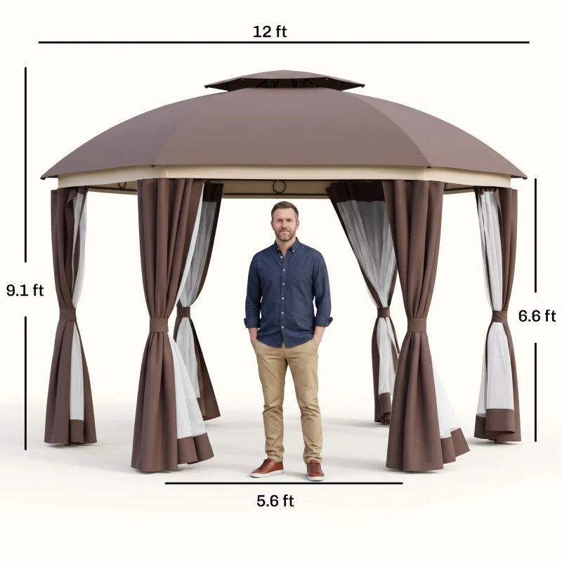 Outsunny 12' x 12' Round Outdoor Gazebo, Patio Dome Gazebo Canopy Shelter with Double Roof, Netting Sidewalls and Curtains, Zippered Doors, Strong Steel Frame, Brown
