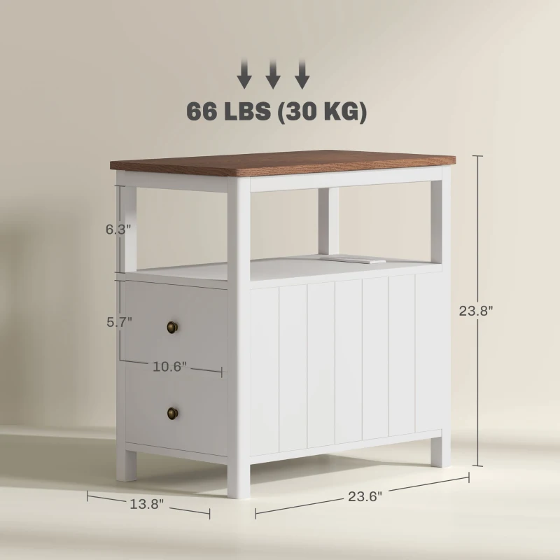 HOMCOM Side Table with Charging Station and USB Ports, Narrow End Table with Drawers, Shelf for Living Room, White