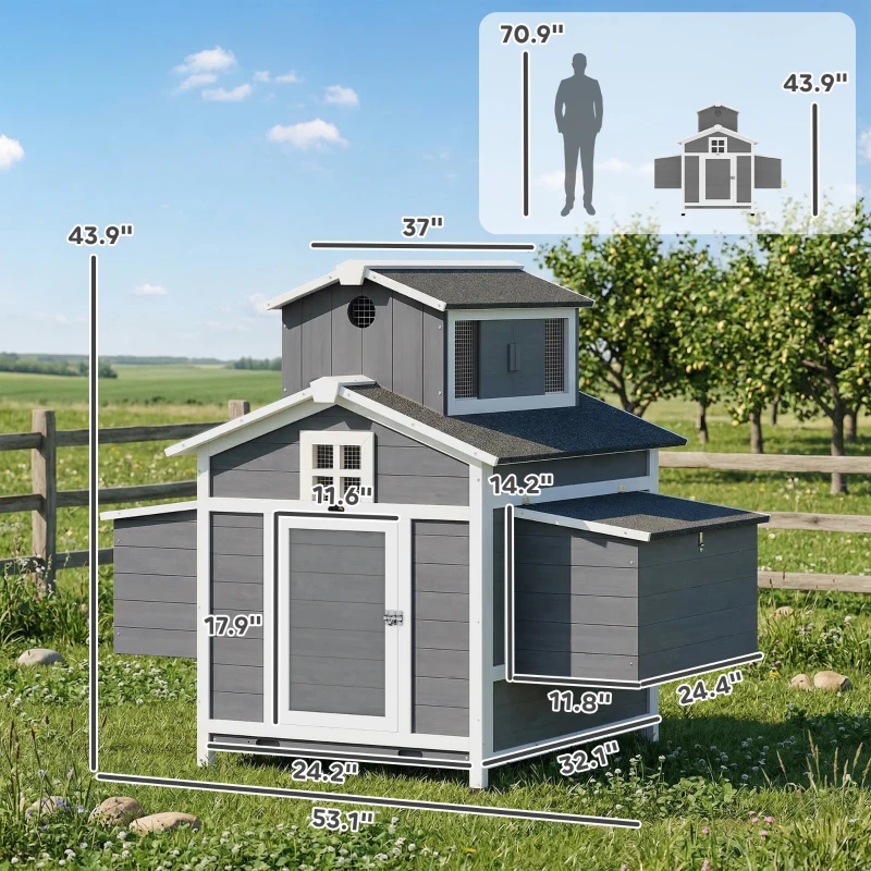 PawHut Chicken Coop for 2 Chickens, Wooden Hen House with Nesting Box, Pull-Out Tray, Ventilation Windows