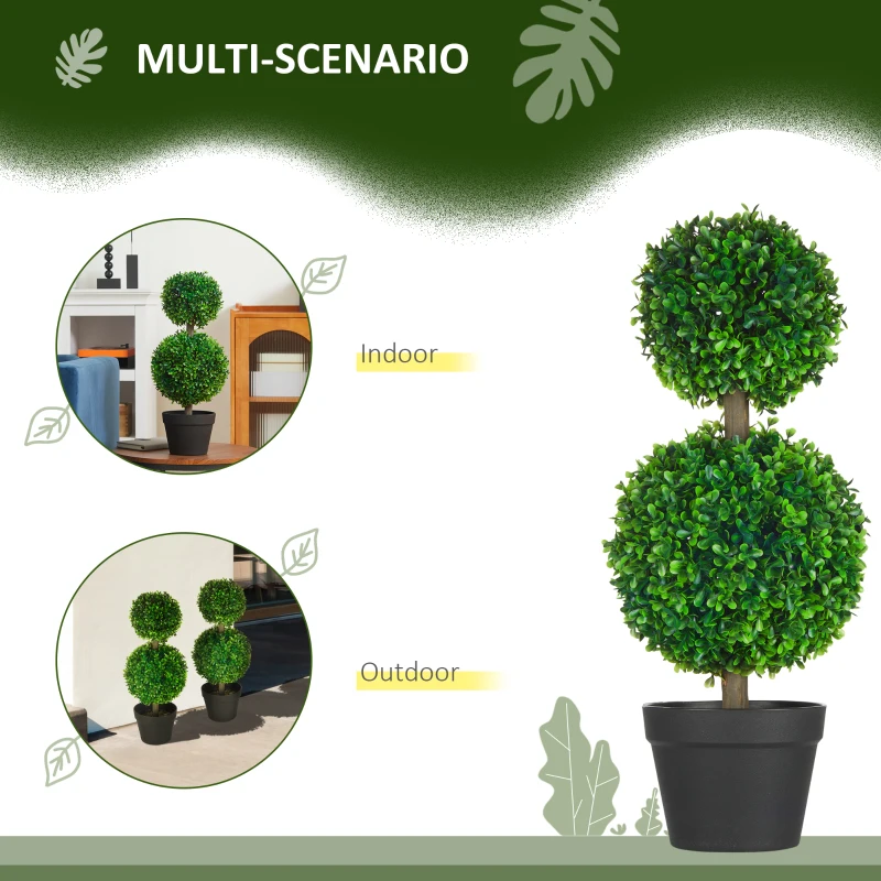 HOMCOM 2 Pcs 23.6" Artificial Boxwood Ball Topiary Tree Set of 2 Fake Plants in Pot with Double Ball-Shaped Leaves Green