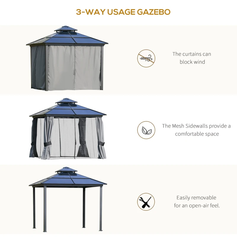 Outsunny 10' x 10' Hardtop Gazebo Canopy with Polycarbonate Roof, Aluminum Frame, Permanent Pavilion Outdoor Gazebo with Netting, for Patio, Garden, Backyard, Deck, Lawn, Gray