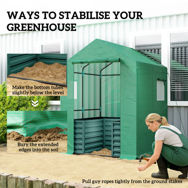 Outsunny Greenhouse with Raised Garden Bed, Galvanized Steel Outdoor Greenhouse with Roll Up Door, 56" x 56" x 75", Green