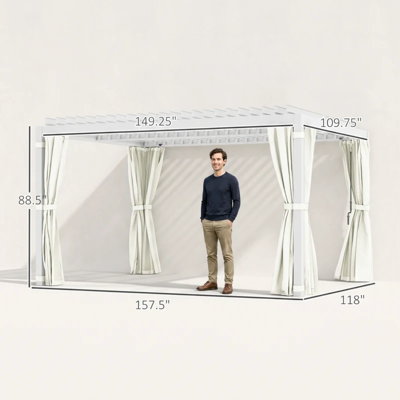 Outsunny 10' x 13' Outdoor Retractable Pergola w/ Sun Shade Aluminum Louvered Top, Pergola w/ Canopy, Curtains, Netting, Cream