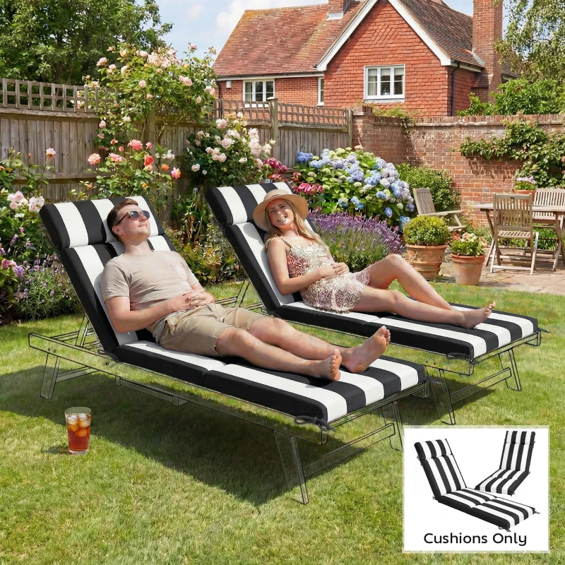 Outsunny Outdoor Chaise Lounge Cushions Set of 2 with 6 Ties, High-Density Foam, for Patio and Poolside, Black and White